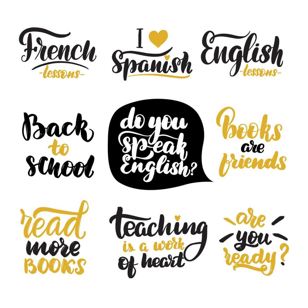 conjunto de citas de regreso a la escuela. Letras de pincel escritas a mano inspiradoras. ilustración de stock de caligrafía vectorial aislada en blanco. tipografía para pancartas, insignias, postales, camisetas, estampados. vector