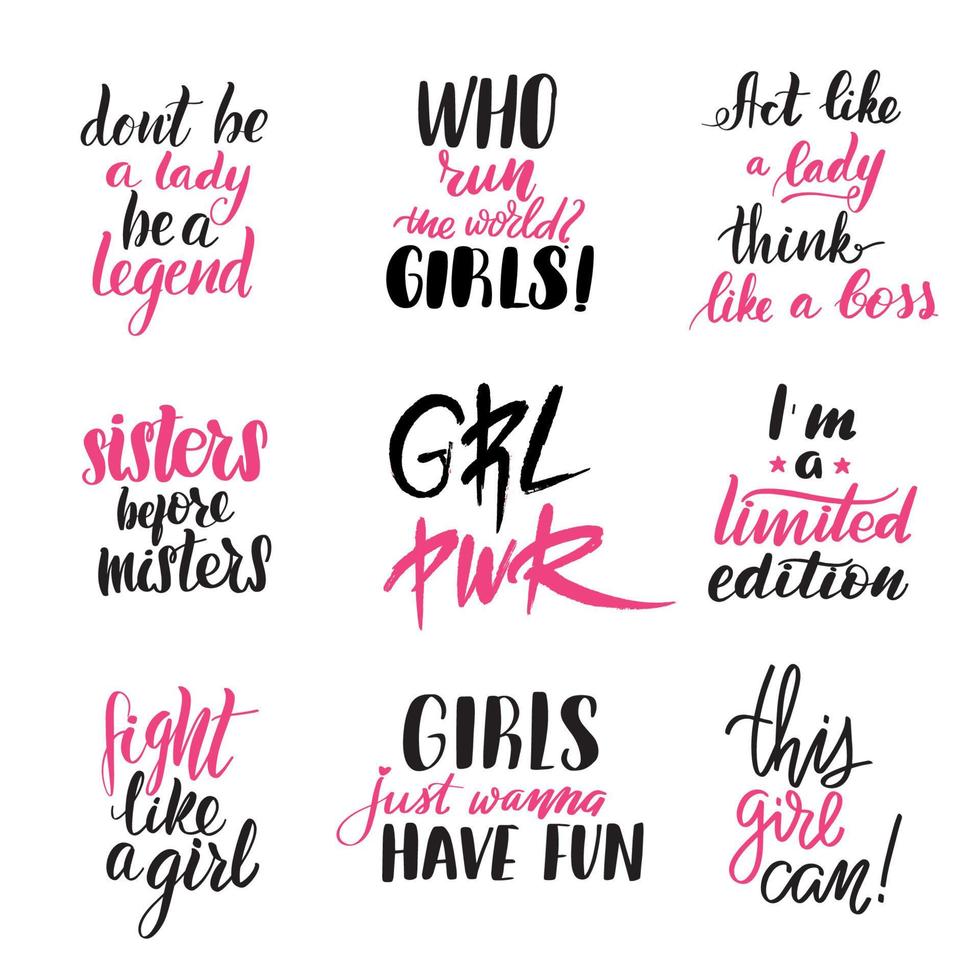 Feminism lettering quotes set. Inspirational handwritten brush lettering. Vector calligraphy stock illustration isolated on white background. Typography for banners, badges, postcard, tshirt, prints.