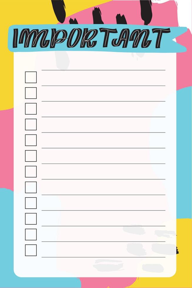 Important. To do list with retro background and trendy lettering. Memphis style. Template for agenda, planners, check lists, and other stationery. Isolated. Vector stock illustration.