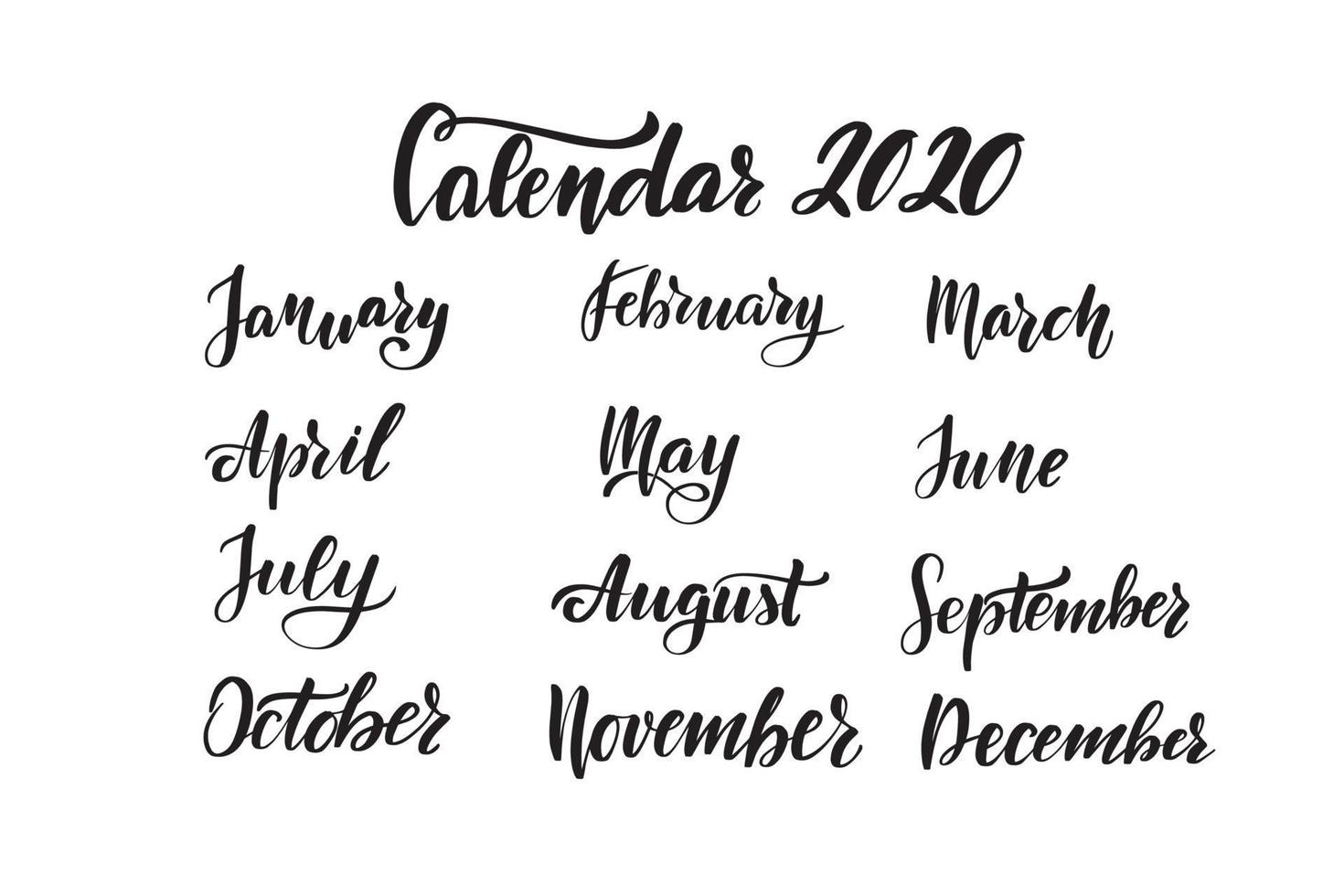 Inspirational handwritten brush lettering English months. Vector calligraphy illustration isolated on white background. Typography for banners, badges, postcard, tshirt, prints, posters.