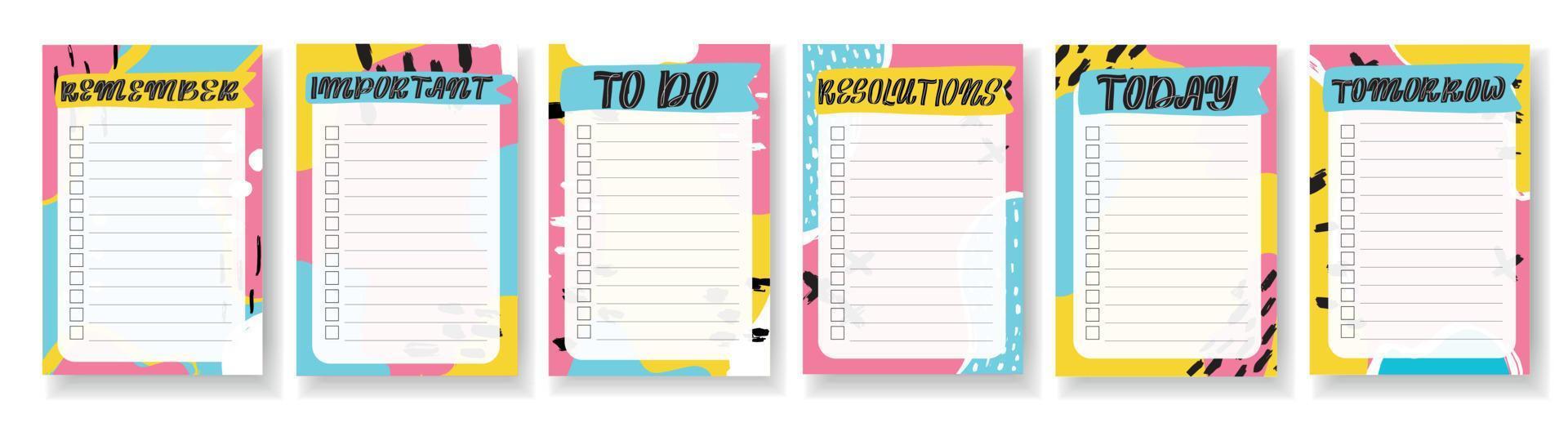 Templates set for notes, to do, check lists. Organizer,planner with retro background and trendy lettering. Memphis style. Vector stock illustration. Remember, important, resolutions, today, tomorrow.