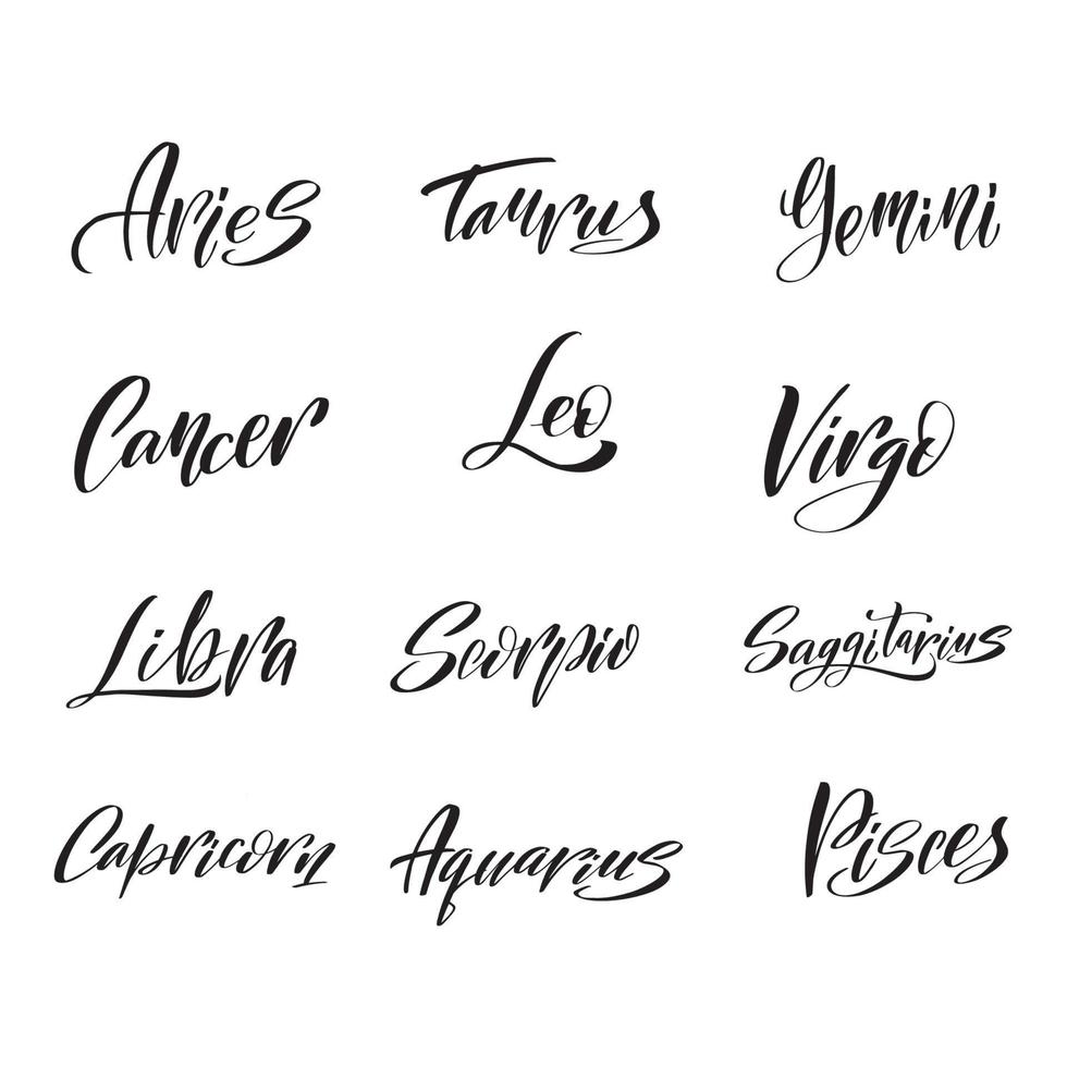 colección de signos del zodiaco de caligrafía de letras dibujadas a mano. conjunto de astrología de gráficos vectoriales. colección de calendario astrológico, ilustración de stock de vector de constelación de horóscopo.