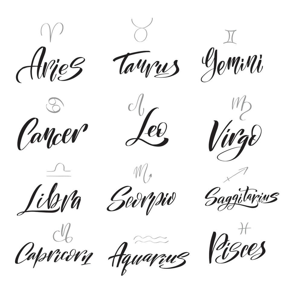 Collection of hand drawn lettering calligraphy zodiac signs and their names. Vector graphics astrology set. Astrological calendar collection, horoscope constellation vector stock illustration.