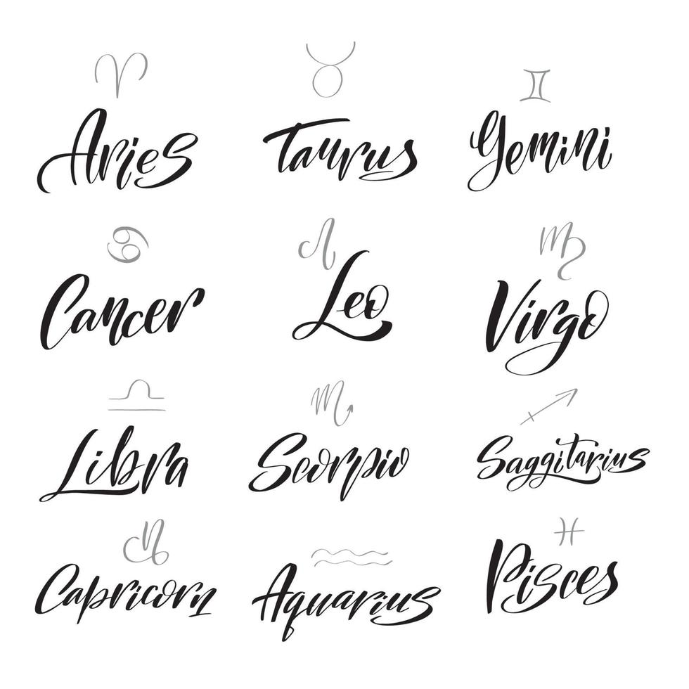 colección de signos del zodiaco de caligrafía de letras dibujadas a mano y sus nombres. conjunto de astrología de gráficos vectoriales. colección de calendario astrológico, ilustración de stock de vector de constelación de horóscopo.