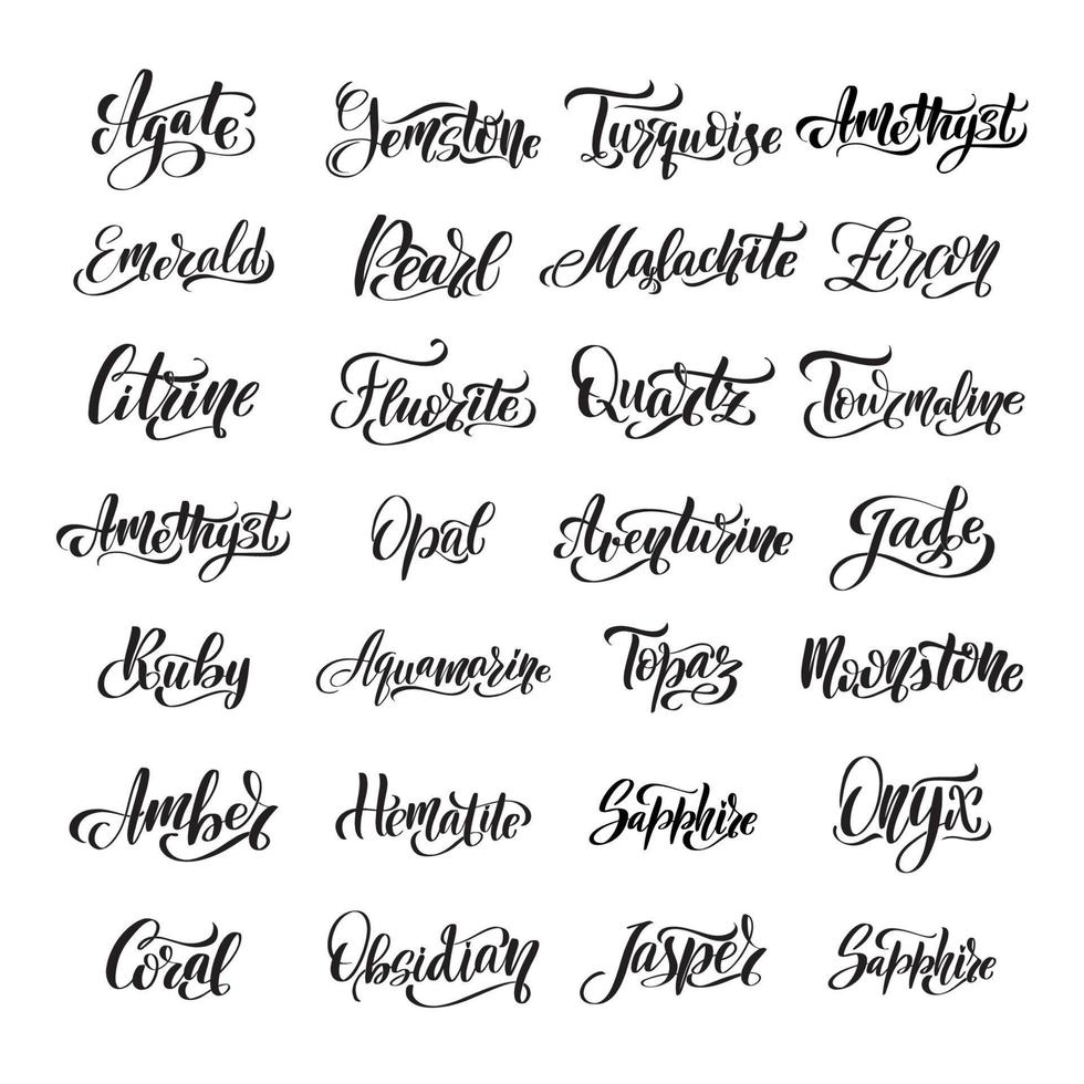 Gem names. Agate Aventurine Emerald Diamond Turquoise Pearl Hematite Coral Jade Moonstone Malachite Opal Ruby Sapphire Topaz Nephrite Onyx Obsidian Tourmaline Quartz Fluorite Citrine Amber Jasper vector