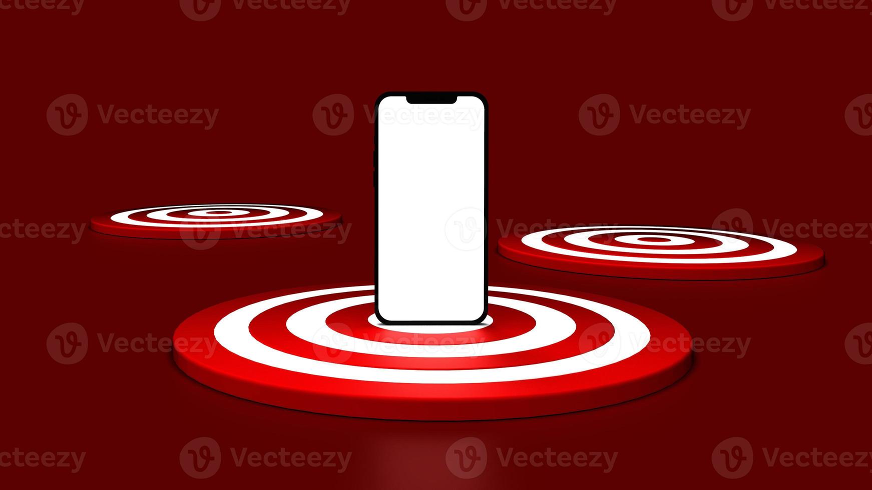 Smartphone on the dartboard in red background. Business concept. 3D Illustration. photo