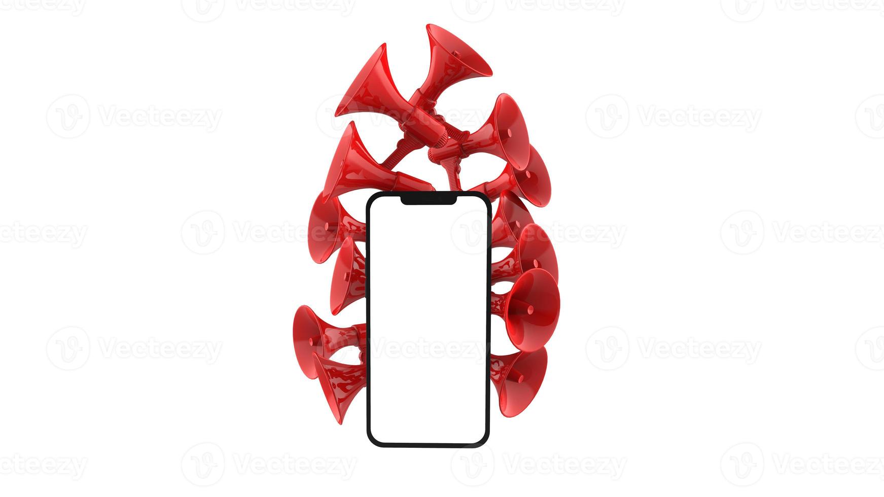 Mobile Phone and megaphone, loudspeaker background. 3D illustration. photo