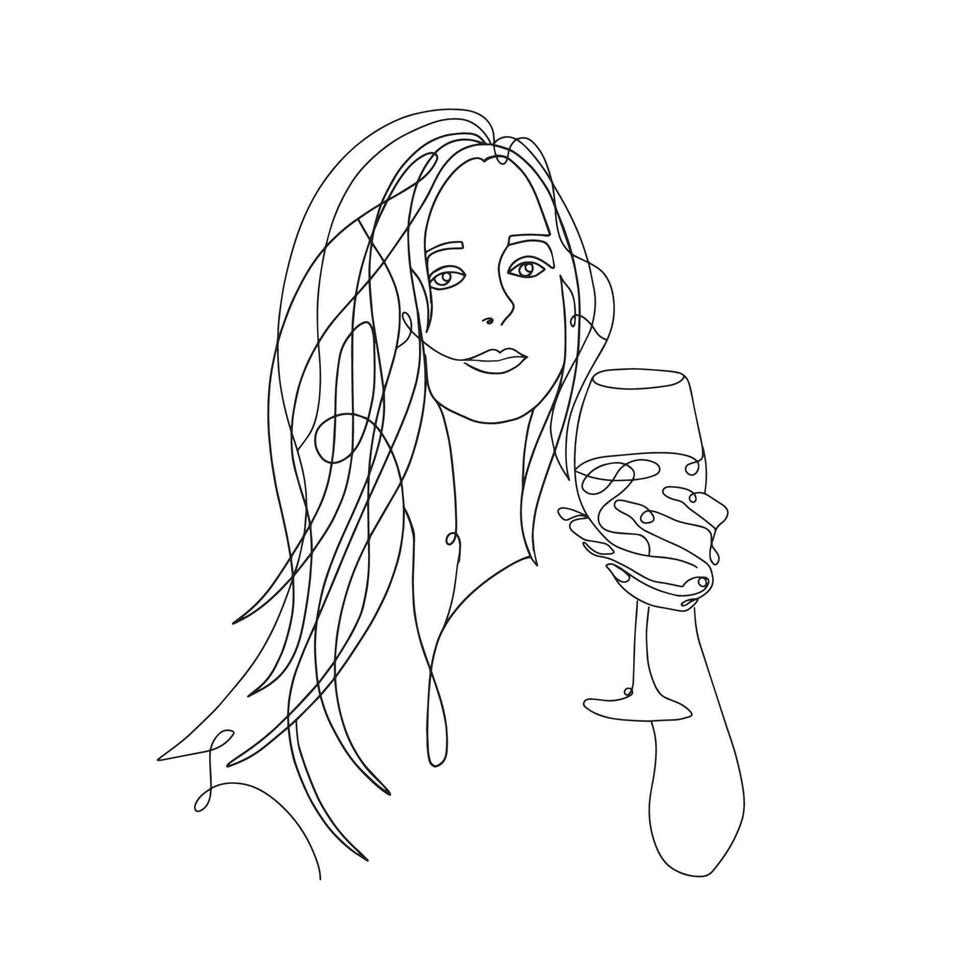 Continuous line, one line, drawing of face and hairstyle, fashion concept, woman with glass of wine beauty minimalist, vector stock illustration for tshirt, slogan design print graphics style