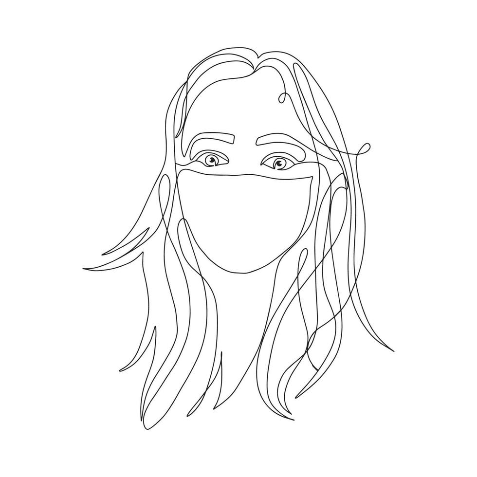 Continuous line, one line, drawing of face and hairstyle, fashion concept, woman in medical mask beauty minimalist, vector stock illustration for tshirt, slogan design print graphics style