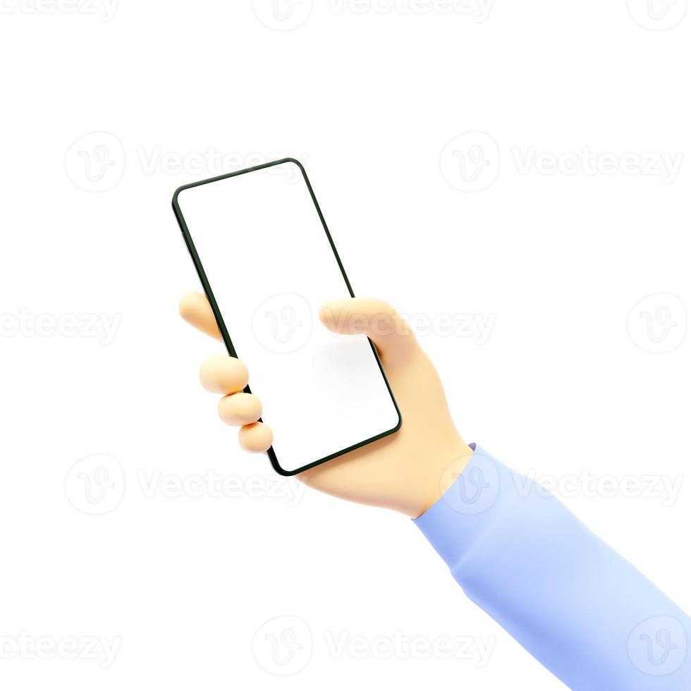 3D hand holding smartphone on white background, 3D rendering. photo