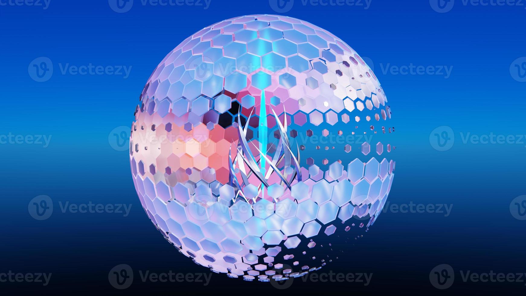 Clear Glass Ball with particles Hexagon halftone pattern grid elements on dark blue background. High resolution. 3D illustration photo