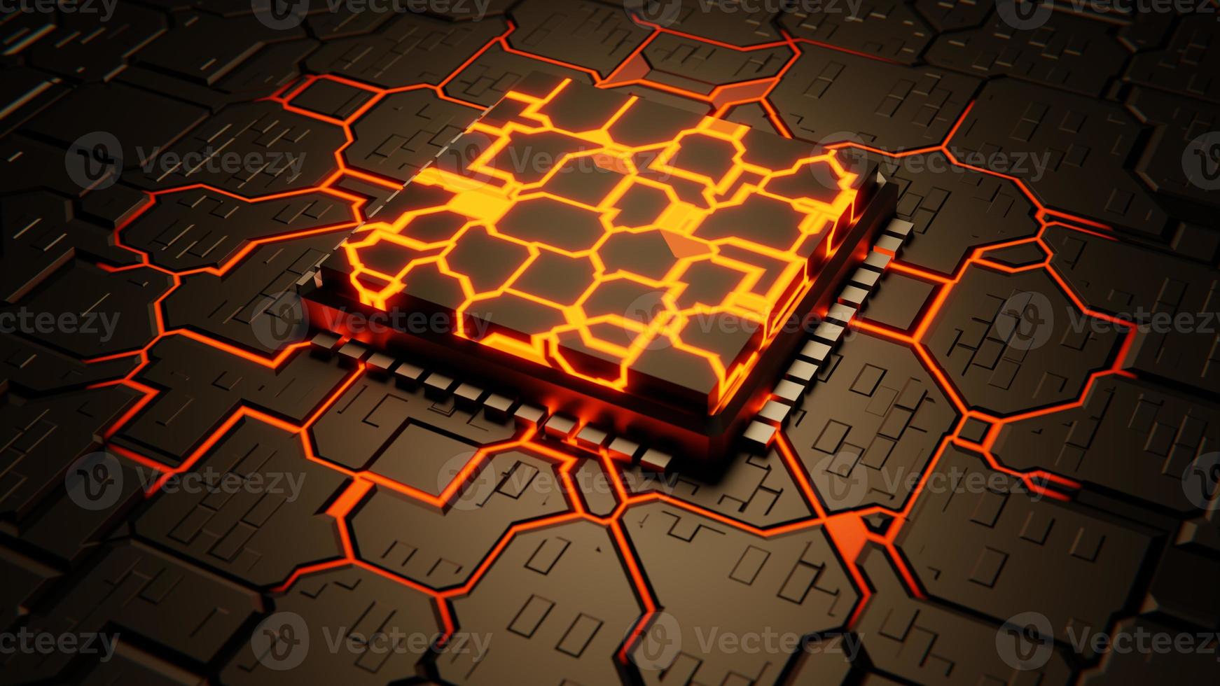 CPU chip on Motherboard - abstract 3D render of a processor computer chip on a cicuit board with microchips. 3D illustration photo