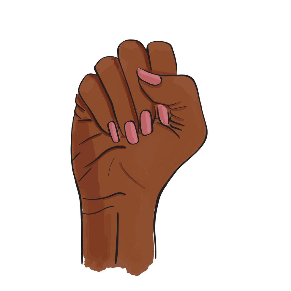 revolución femenina, huelga, protesta. chica africana, mano afroamericana con puños cerrados. ilustración vectorial dibujada a mano aislada sobre fondo blanco. uñas rosas. las mujeres resisten, símbolo del feminismo. vector