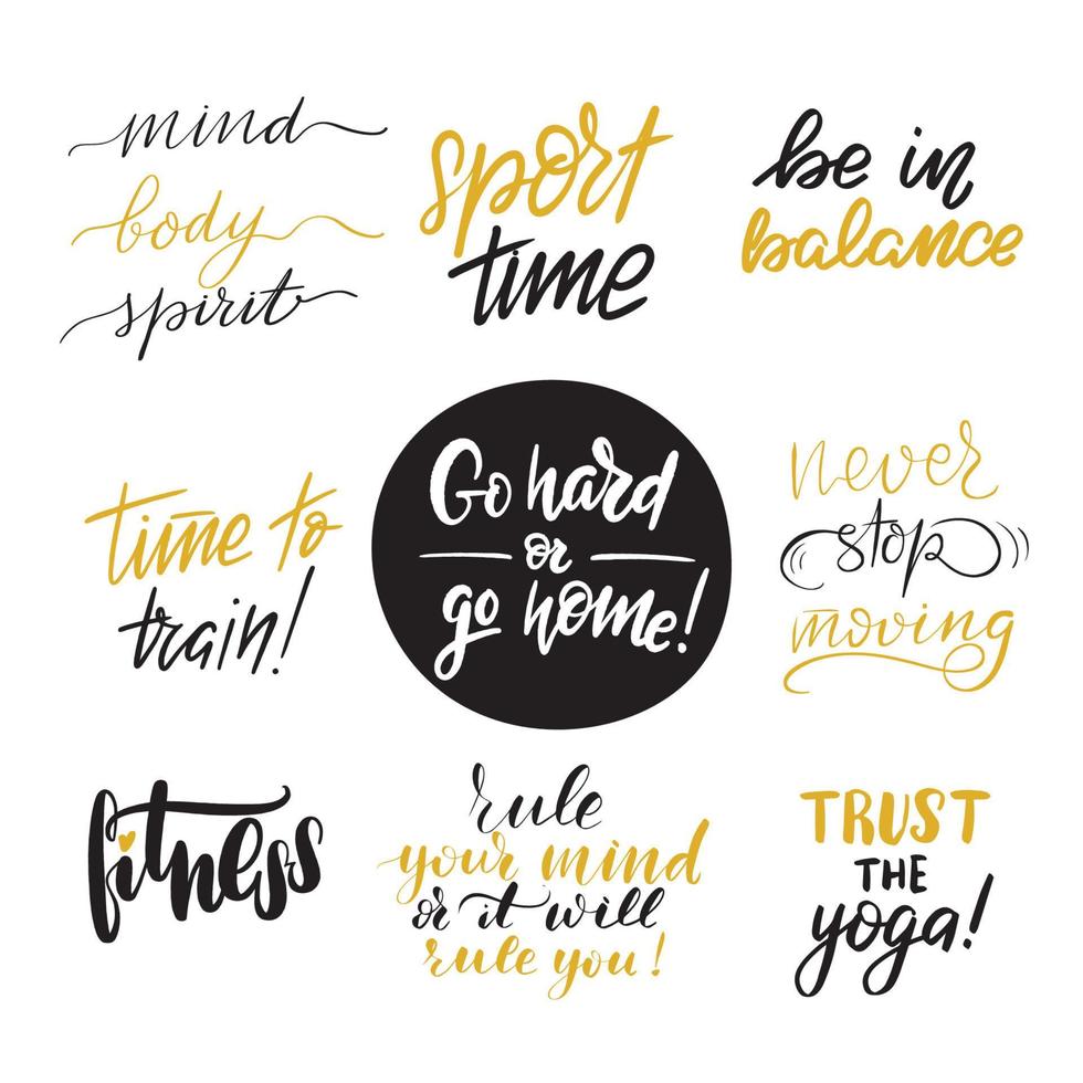 Fitness sport quotes set. Inspirational handwritten brush lettering. Vector calligraphy stock illustration isolated on white. Typography for banners, badges, postcard, tshirt, prints.