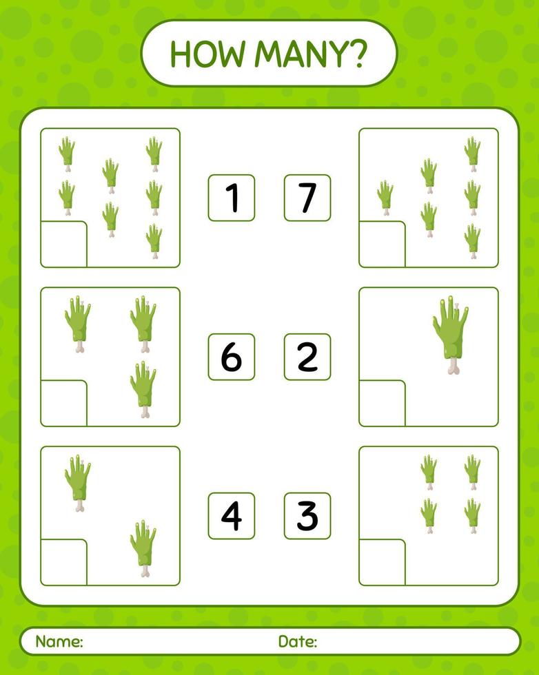 How many counting game with zombie's hand. worksheet for preschool kids, kids activity sheet vector