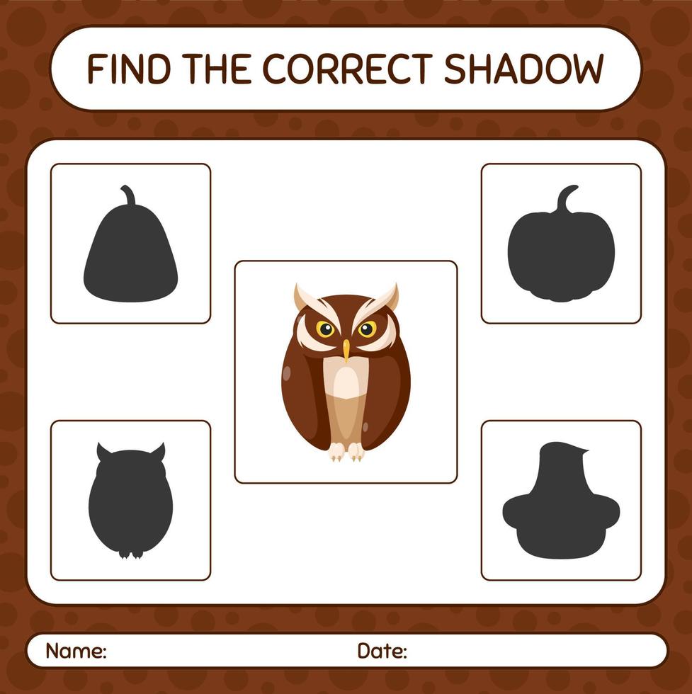 Find the correct shadows game with owl. worksheet for preschool kids, kids activity sheet vector