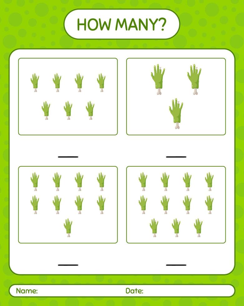 How many counting game with zombie's hand. worksheet for preschool kids, kids activity sheet vector