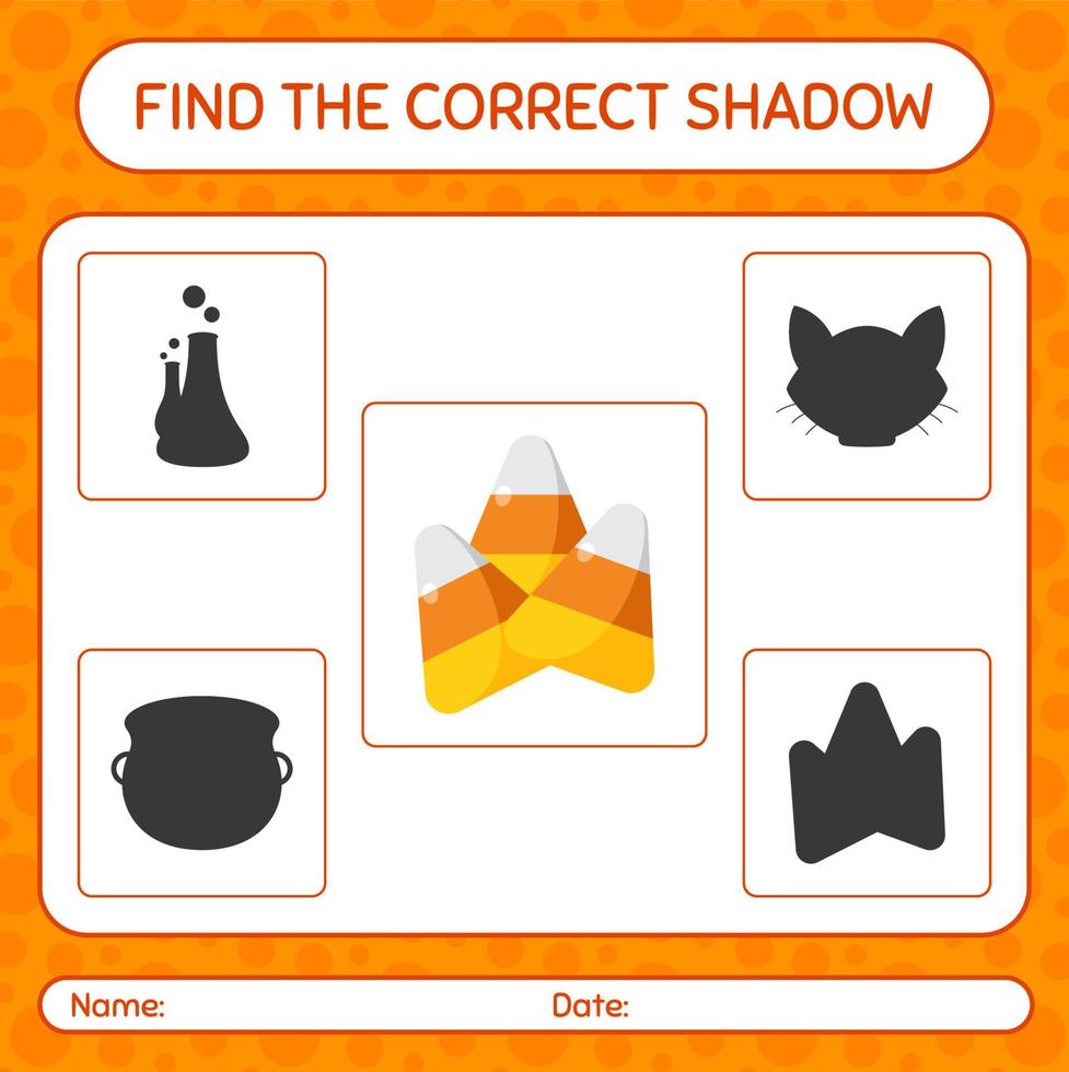 Find the correct shadows game with candy corn. worksheet for preschool kids, kids activity sheet vector