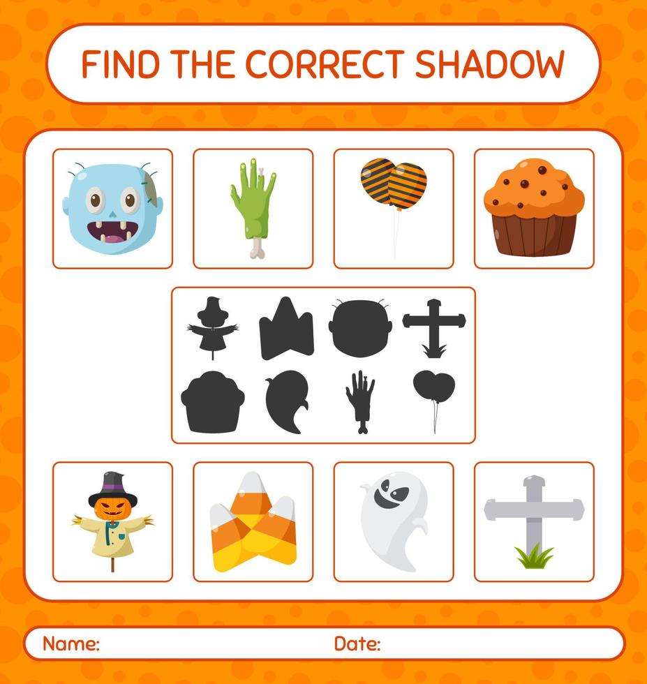 Find the correct shadows game with halloween icon. worksheet for preschool kids, kids activity sheet vector