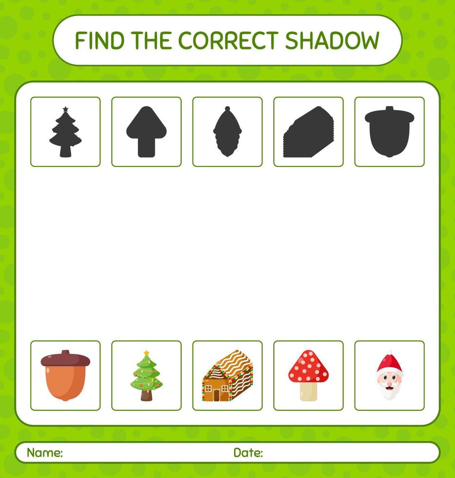 encuentra el juego de sombras correcto con el icono de navidad. hoja de trabajo para niños en edad preescolar, hoja de actividades para niños vector