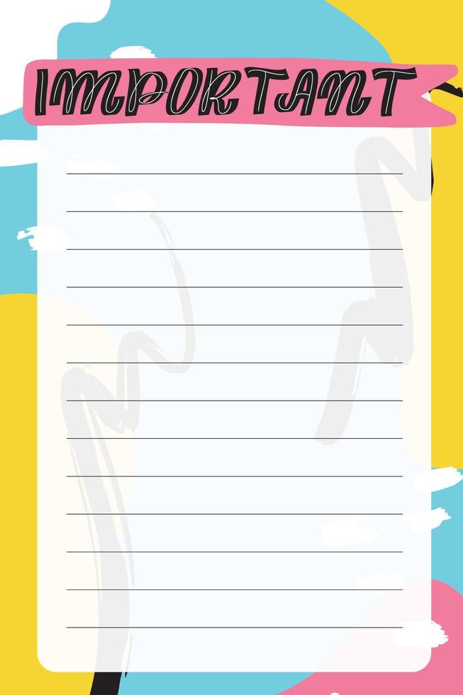 Important. To do list with retro background and trendy lettering. Memphis style. Template for agenda, planners, check lists, and other stationery. Isolated. Vector stock illustration.