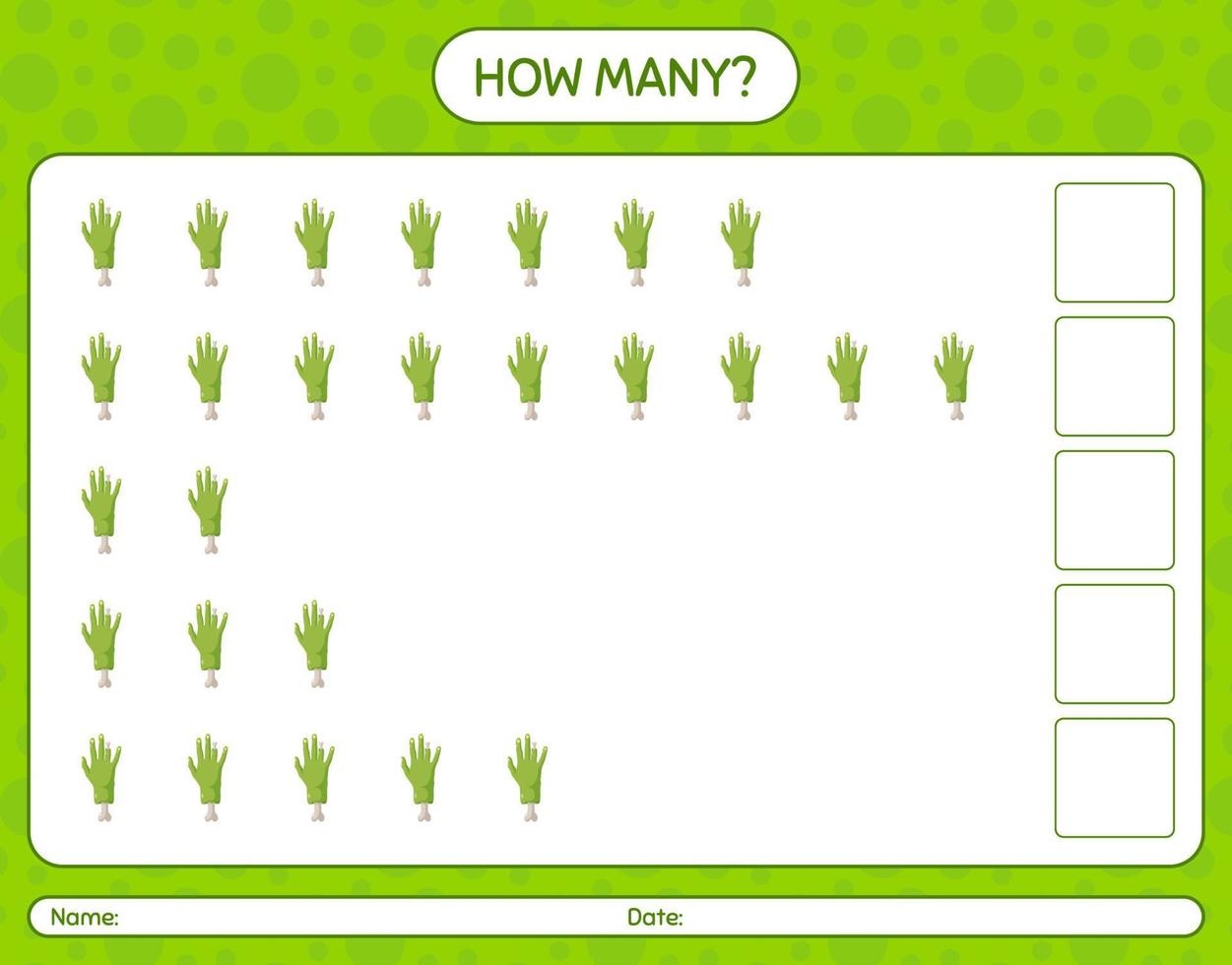 How many counting game with zombie's hand. worksheet for preschool kids, kids activity sheet vector