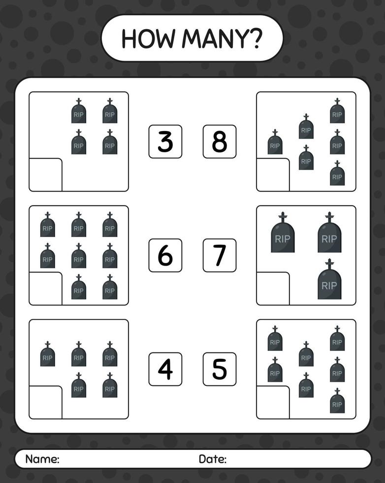 How many counting game with tombstone. worksheet for preschool kids, kids activity sheet vector