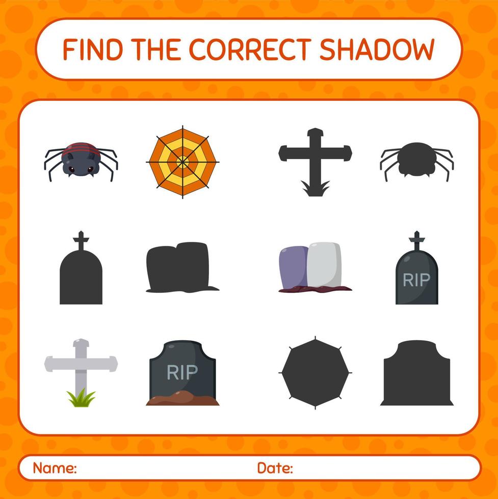 Find the correct shadows game with halloween icon. worksheet for preschool kids, kids activity sheet vector