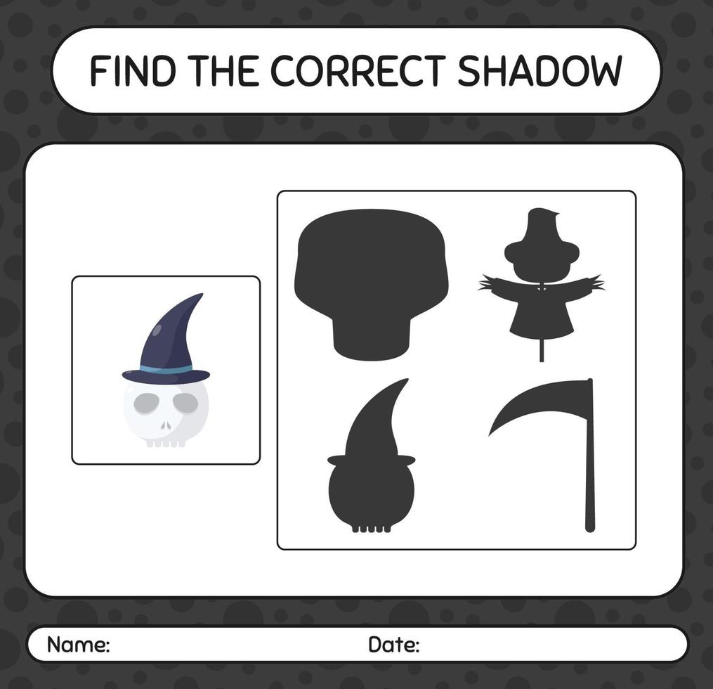 Find the correct shadows game with skull. worksheet for preschool kids, kids activity sheet vector