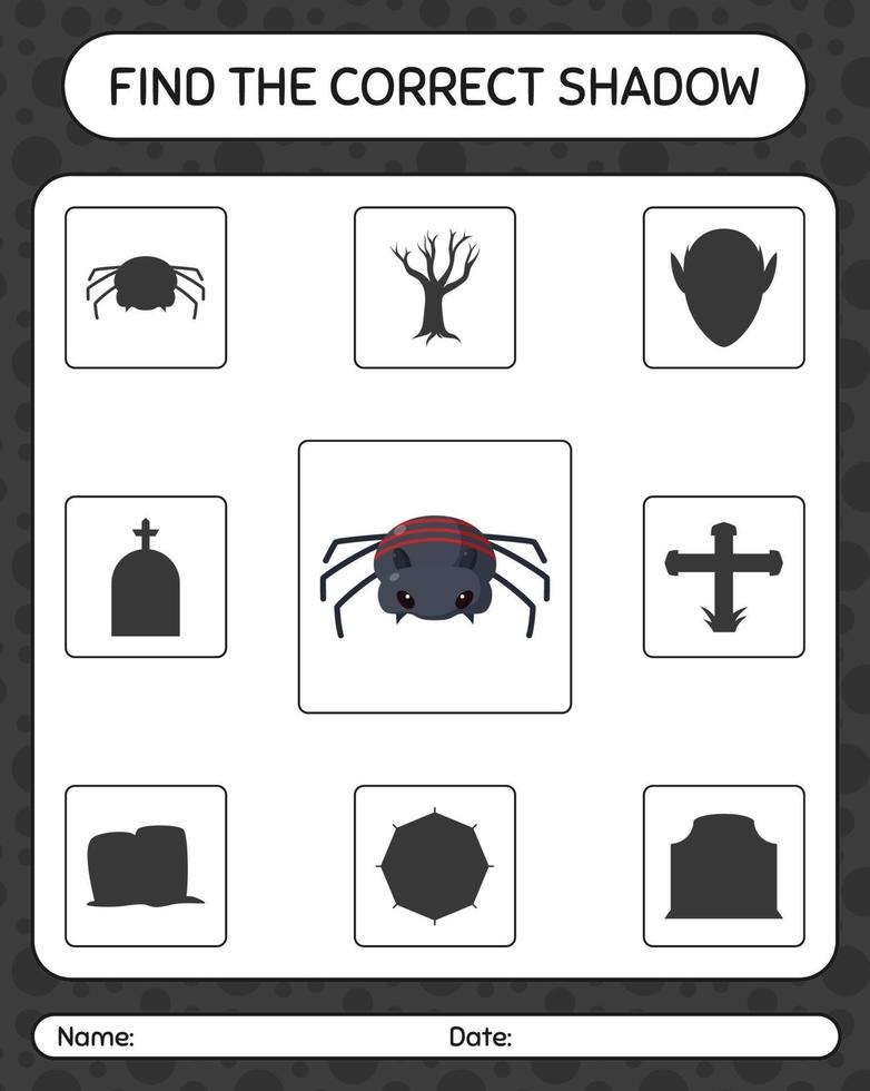 Find the correct shadows game with spider. worksheet for preschool kids, kids activity sheet vector