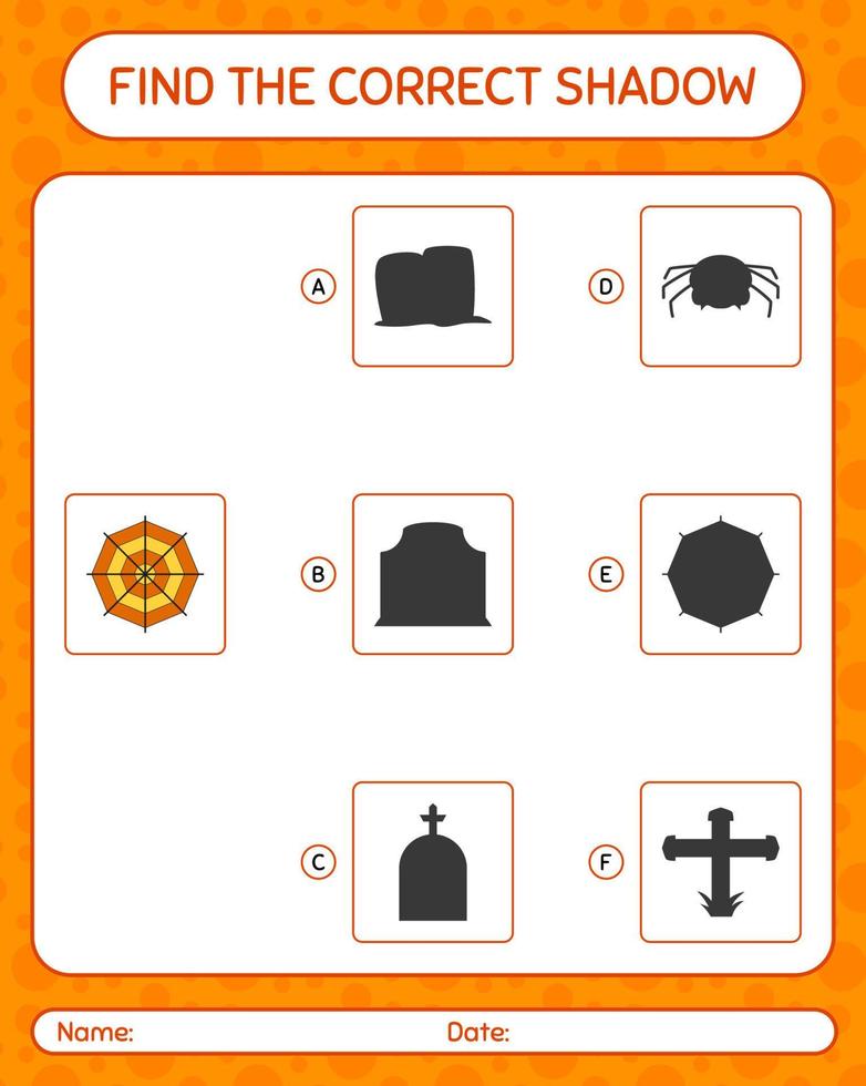 Find the correct shadows game with spider web. worksheet for preschool kids, kids activity sheet vector