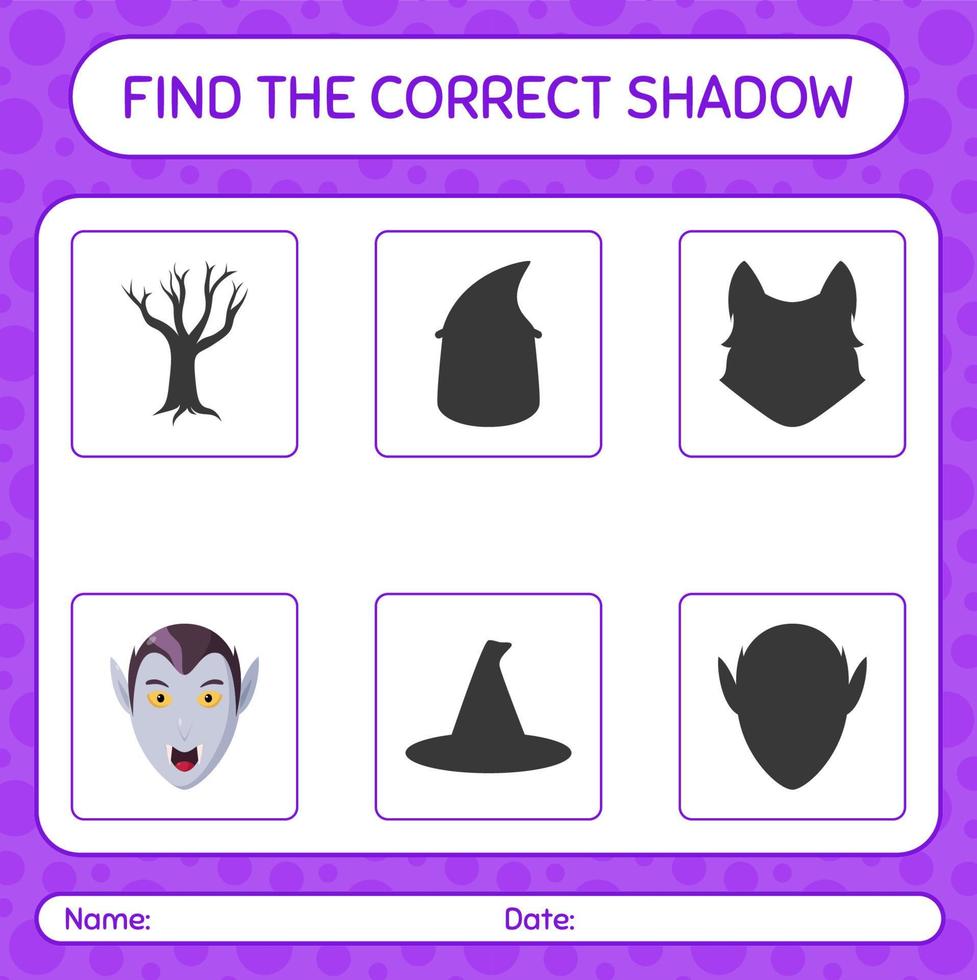 Find the correct shadows game with vampire. worksheet for preschool kids, kids activity sheet vector