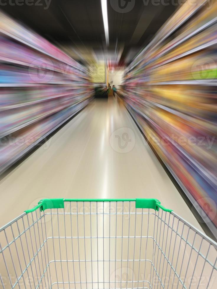 supermarket shopping cart view with supermarket aisle motion blur photo
