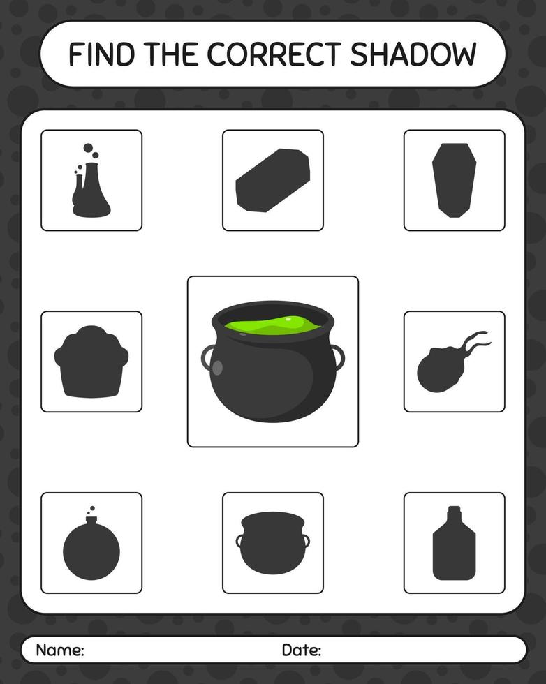 Find the correct shadows game with cauldron. worksheet for preschool kids, kids activity sheet vector