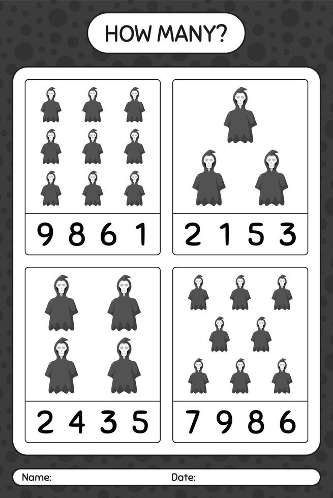 How many counting game with grim reaper. worksheet for preschool kids, kids activity sheet vector