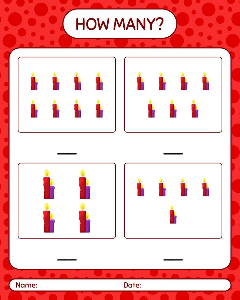 How many counting game with candle. worksheet for preschool kids, kids activity sheet vector