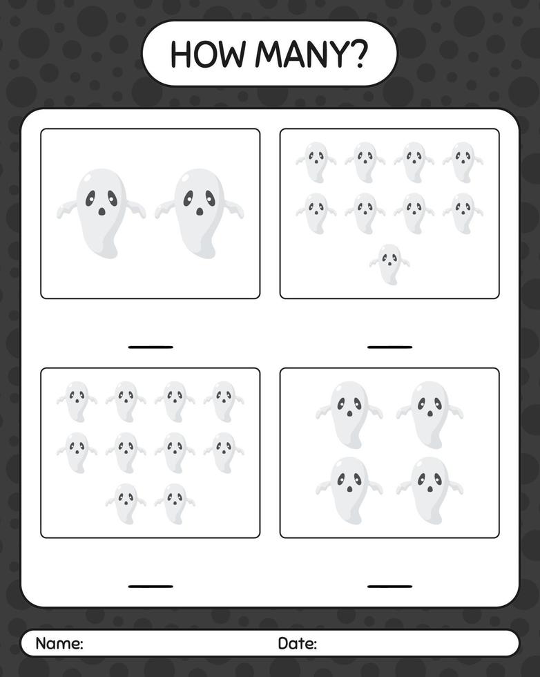 How many counting game with ghost. worksheet for preschool kids, kids activity sheet vector