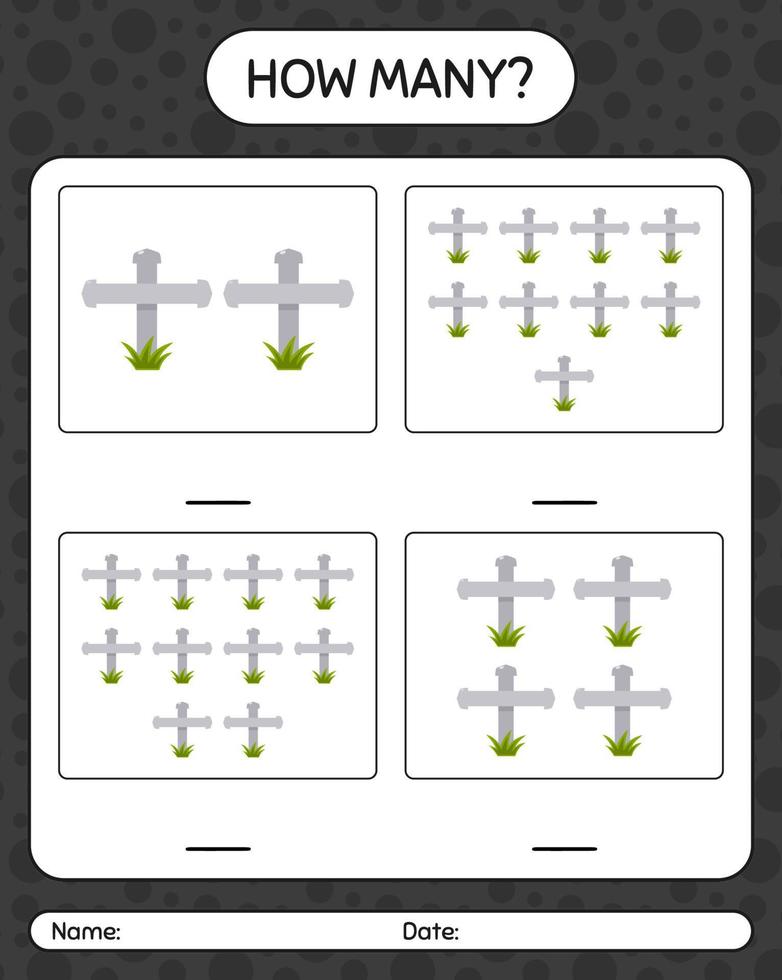 How many counting game with tombstone. worksheet for preschool kids, kids activity sheet vector