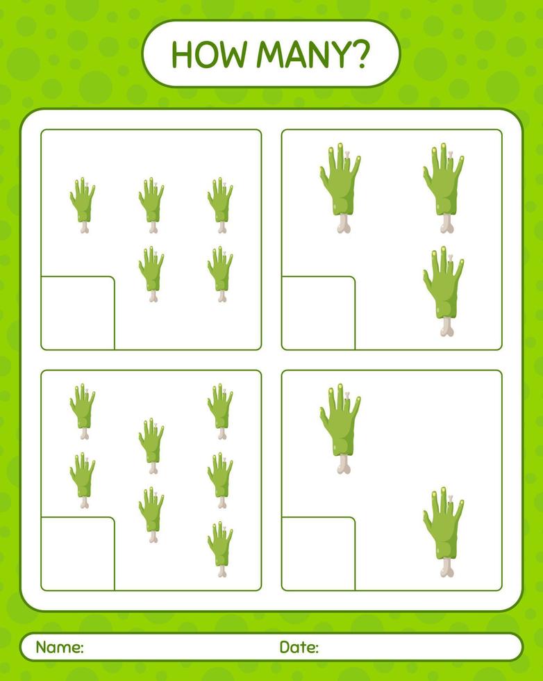 How many counting game with zombie's hand. worksheet for preschool kids, kids activity sheet vector