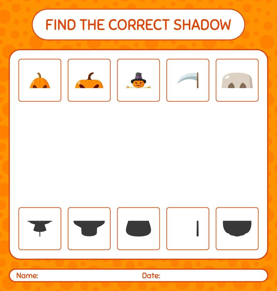 Find the correct shadows game with halloween icon. worksheet for preschool kids, kids activity sheet vector