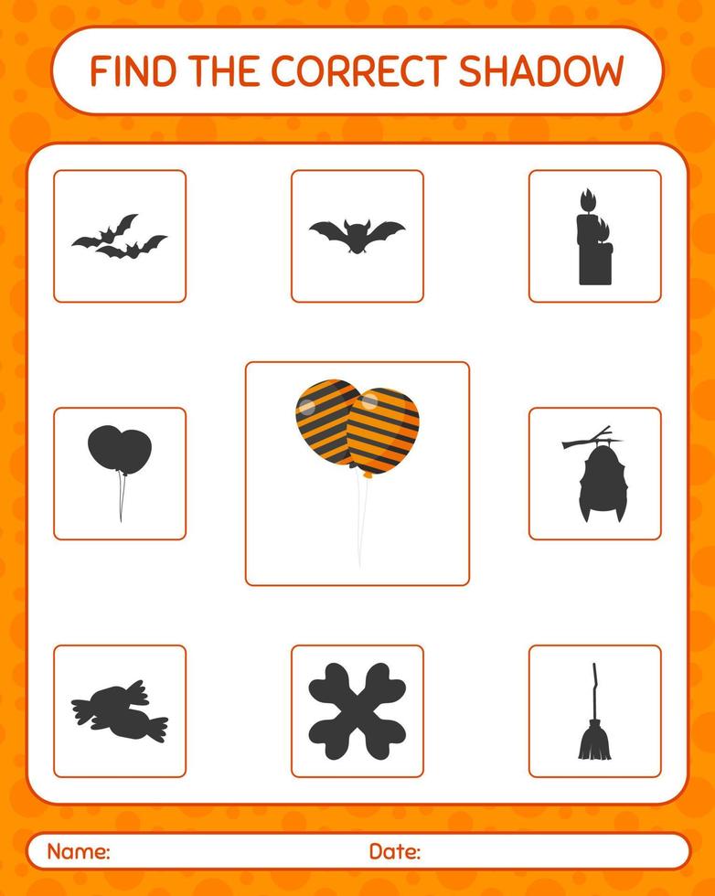 Find the correct shadows game with balloon. worksheet for preschool kids, kids activity sheet vector