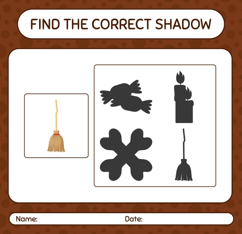 Find the correct shadows game with broom. worksheet for preschool kids, kids activity sheet vector