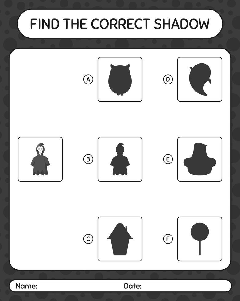 Find the correct shadows game with grim reaper. worksheet for preschool kids, kids activity sheet vector
