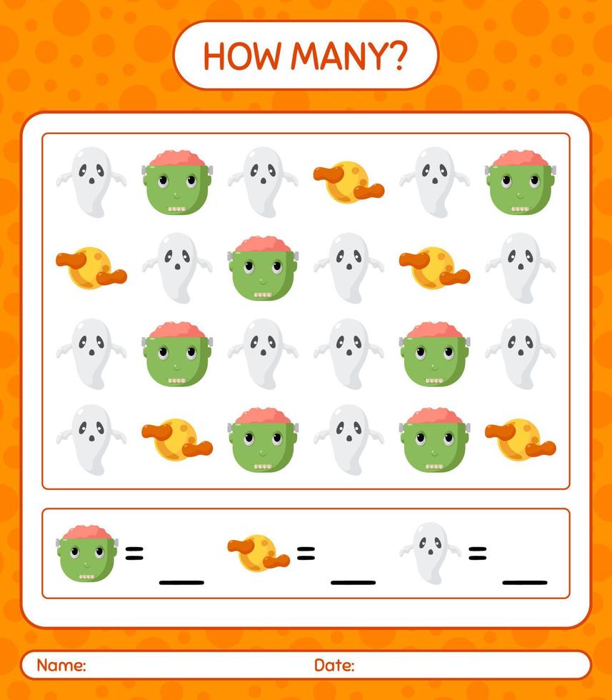 How many counting game with halloween icon. worksheet for preschool kids, kids activity sheet vector