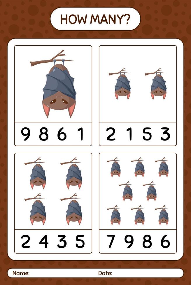 How many counting game with bat. worksheet for preschool kids, kids activity sheet vector