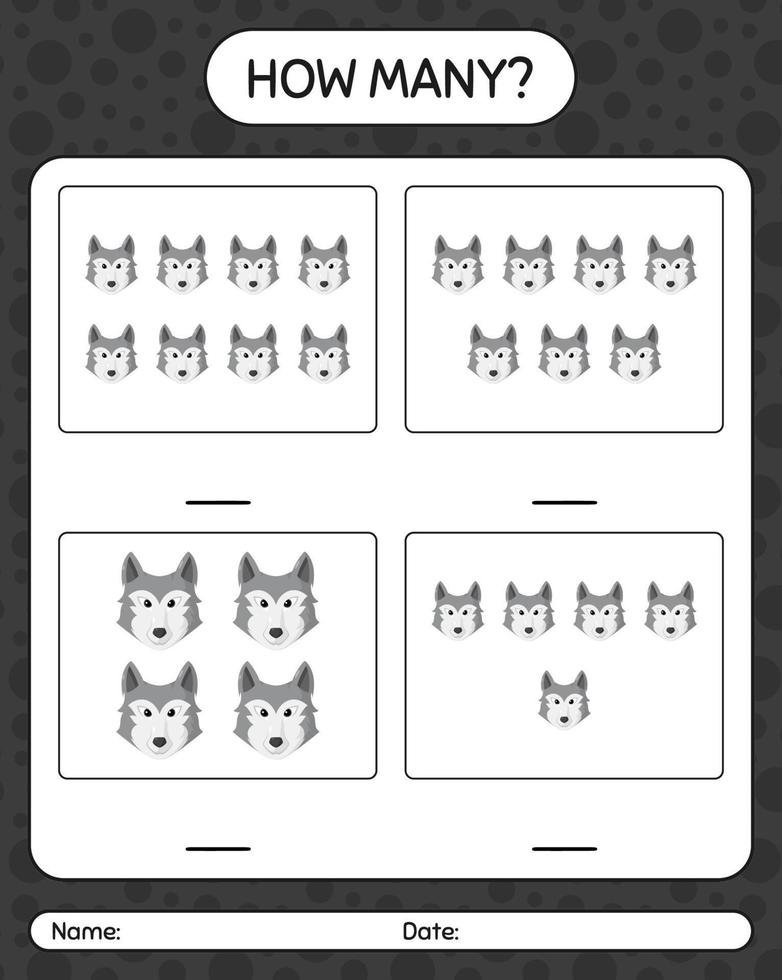 How many counting game with wolf. worksheet for preschool kids, kids activity sheet vector