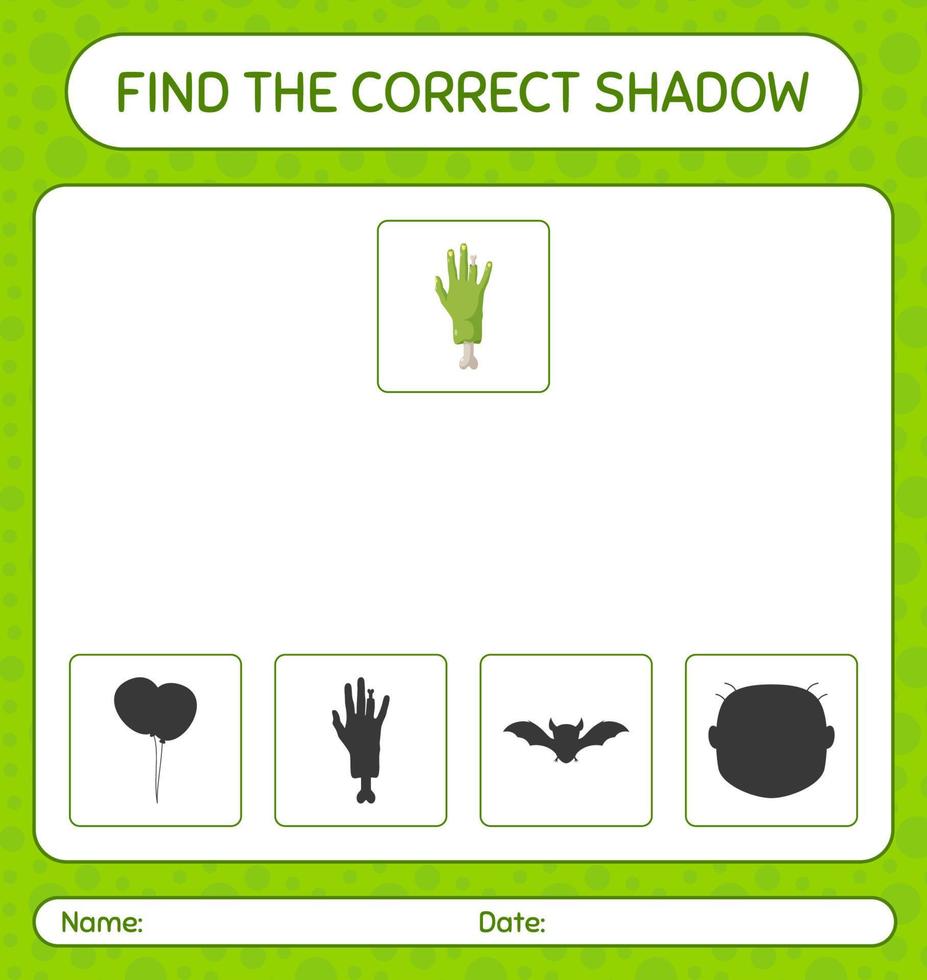 encuentra el juego de sombras correcto con la mano de zombie. hoja de trabajo para niños en edad preescolar, hoja de actividades para niños vector