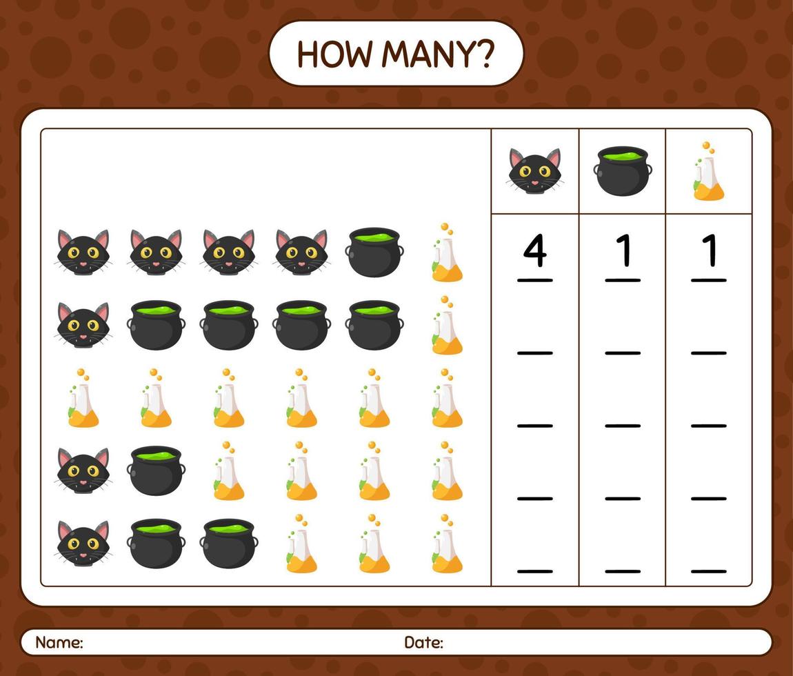 How many counting game with halloween icon. worksheet for preschool kids, kids activity sheet vector