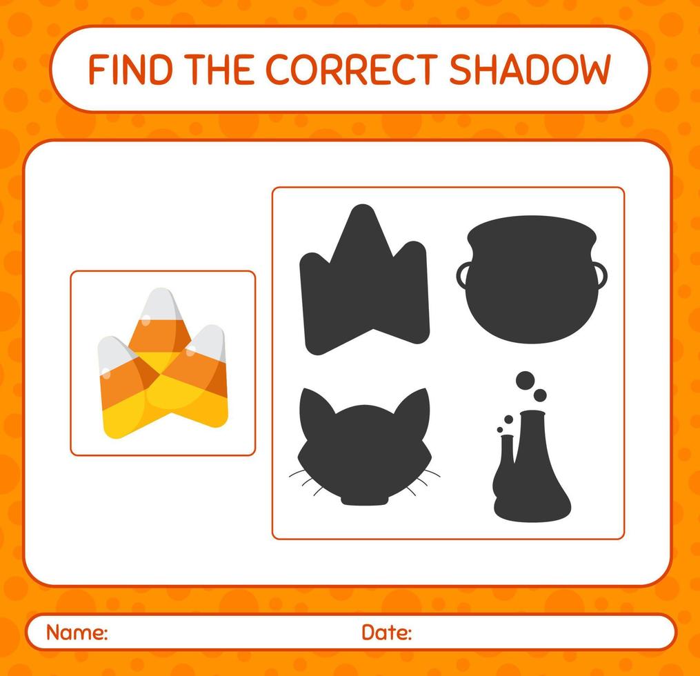 Find the correct shadows game with candy corn. worksheet for preschool kids, kids activity sheet vector