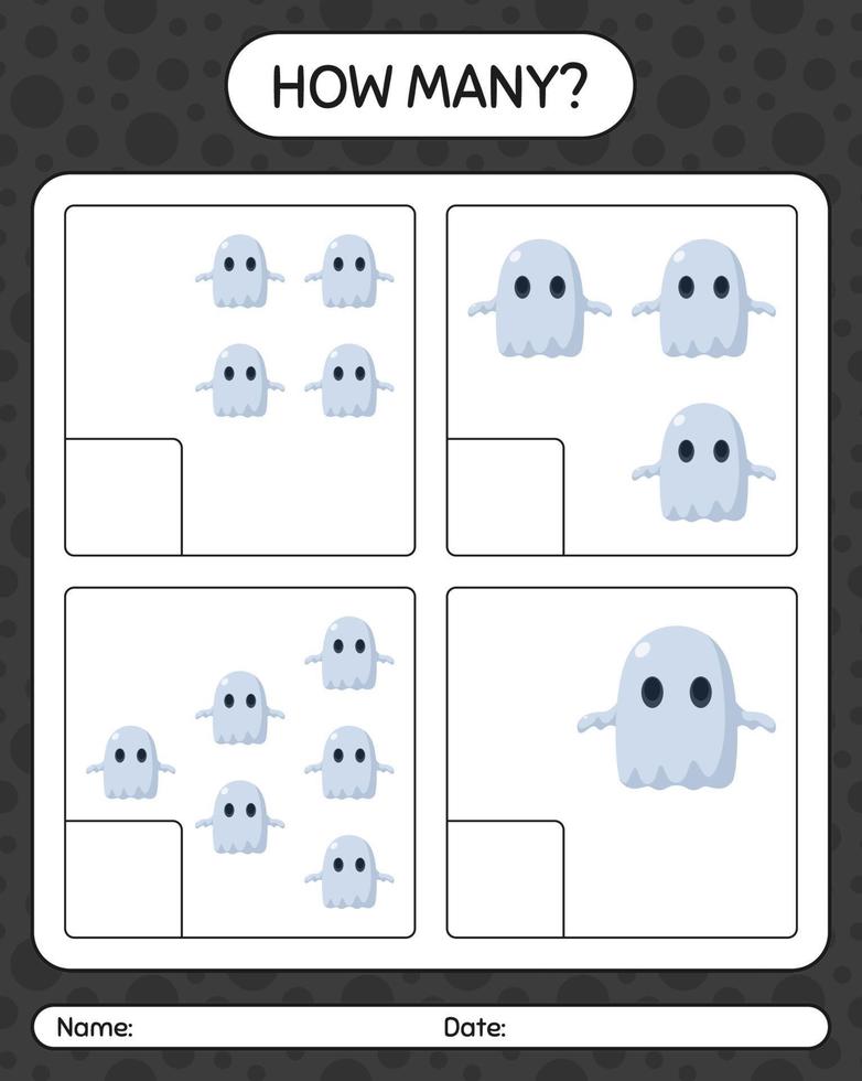 How many counting game with ghost. worksheet for preschool kids, kids activity sheet vector